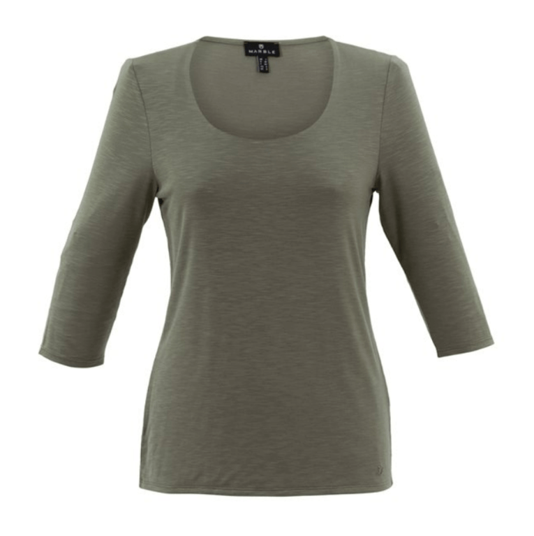 Marble Fitted Round Neck Top With 3/4 Sleeves - Khaki