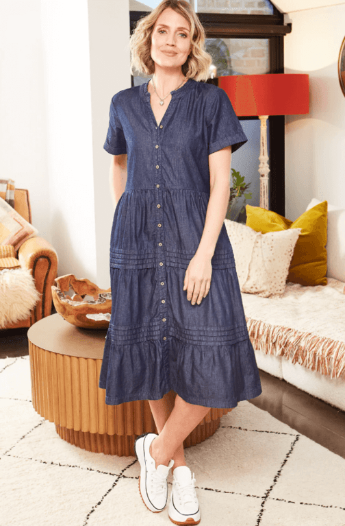 Mistral Button Through Tiered Denim Dress - Indigo Wash