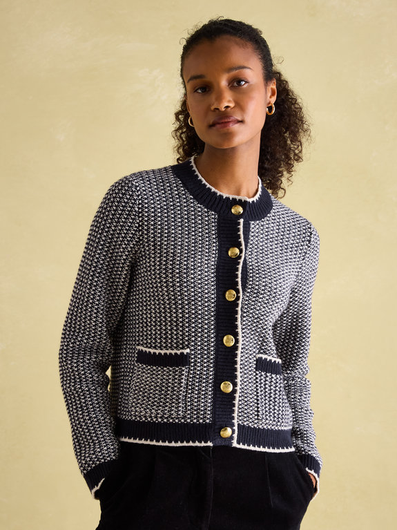 Joules Bridget Button Through Textured Cardigan  - Navy Cream