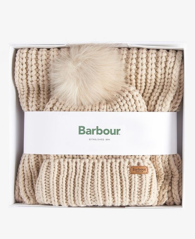 Barbour Saltburn Beanie & Scarf Gift Set - Pearl