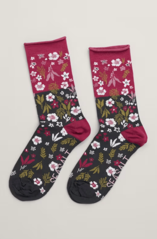 Seasalt Organic Cotton Arty Sock - Vegetable Patch Floral Coal 