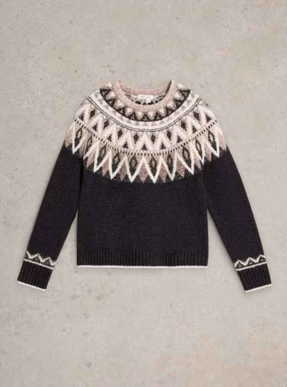 White Stuff Mono Fairisle Jumper  - Black Multi 