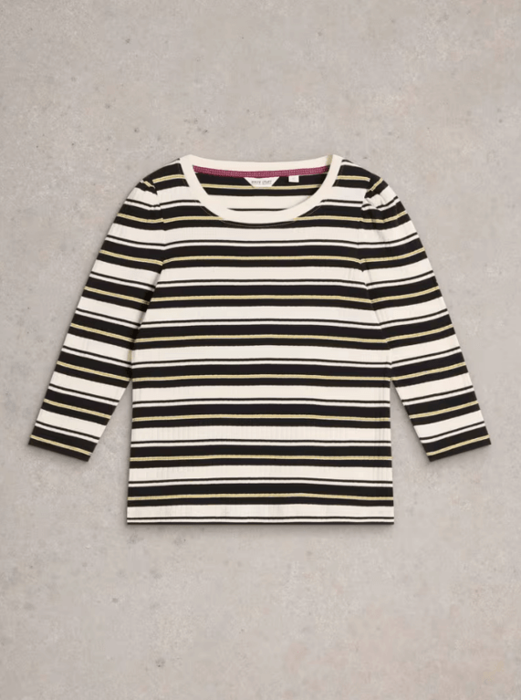 White Stuff Puff Sleeve Tee  - Black Multi 