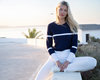 Marble Button Cuff Crew Neck - Navy Thumbnail